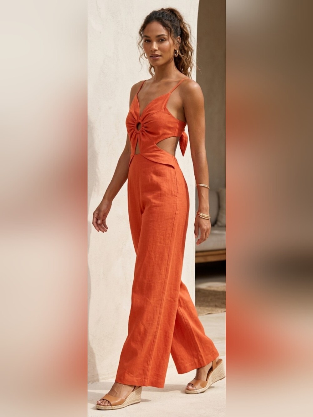 Burnt Orange Linen Blend Cutout Jumpsuit Wide Leg O-Ring Tie Back Size S